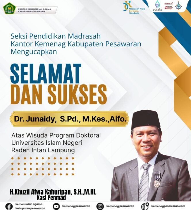 
					Kasi Pendidikan Madrasah Kemenag Pesawaran Sampaikan Ucapan Selamat atas Wisuda Doktoral Dr. Junaidy